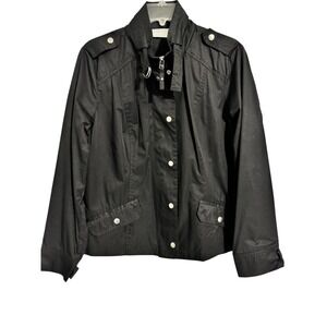 Chicos Black Utility Jacket with Snap Pockets and Double Zipper Size 2 Classy